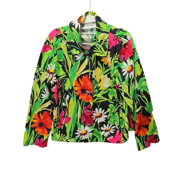 Chico s Womens Blazer Multi-Color Size 2 Cotton Blend Button Up Floral Design - Picture 1 of 12